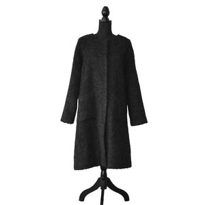 B5 Auth EILEEN FISHER Black Peruvian Alpaca/Wool Boucle Round Neck Coat Size L